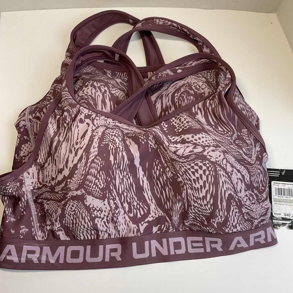 2 Under Armour Womens Mid Crossback Printed Sports Bra 1X Mauve Plum 1371442 NEW